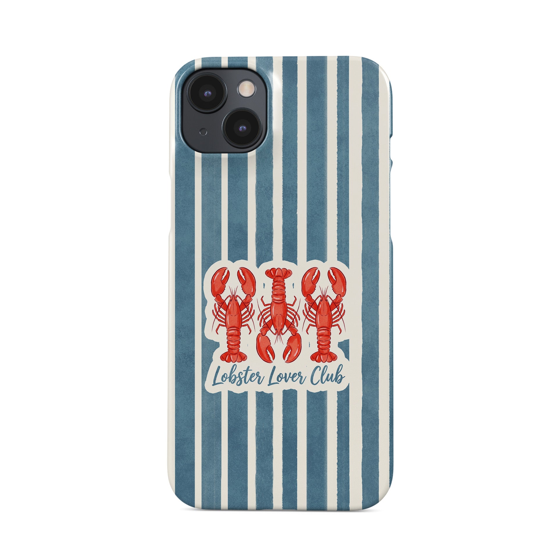 Lobster Lover Club Snap Phone Case with red lobster illustration and blue striped nautical background.