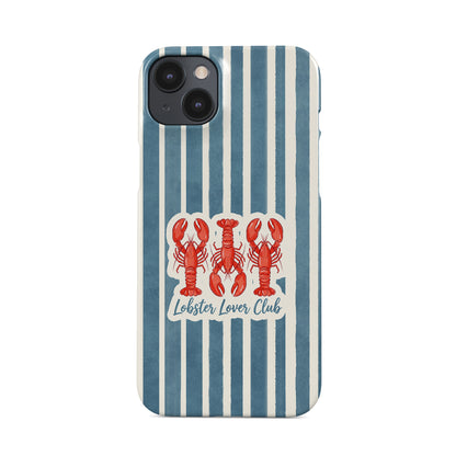 Lobster Lover Club Snap Phone Case with red lobster illustration and blue striped nautical background.
