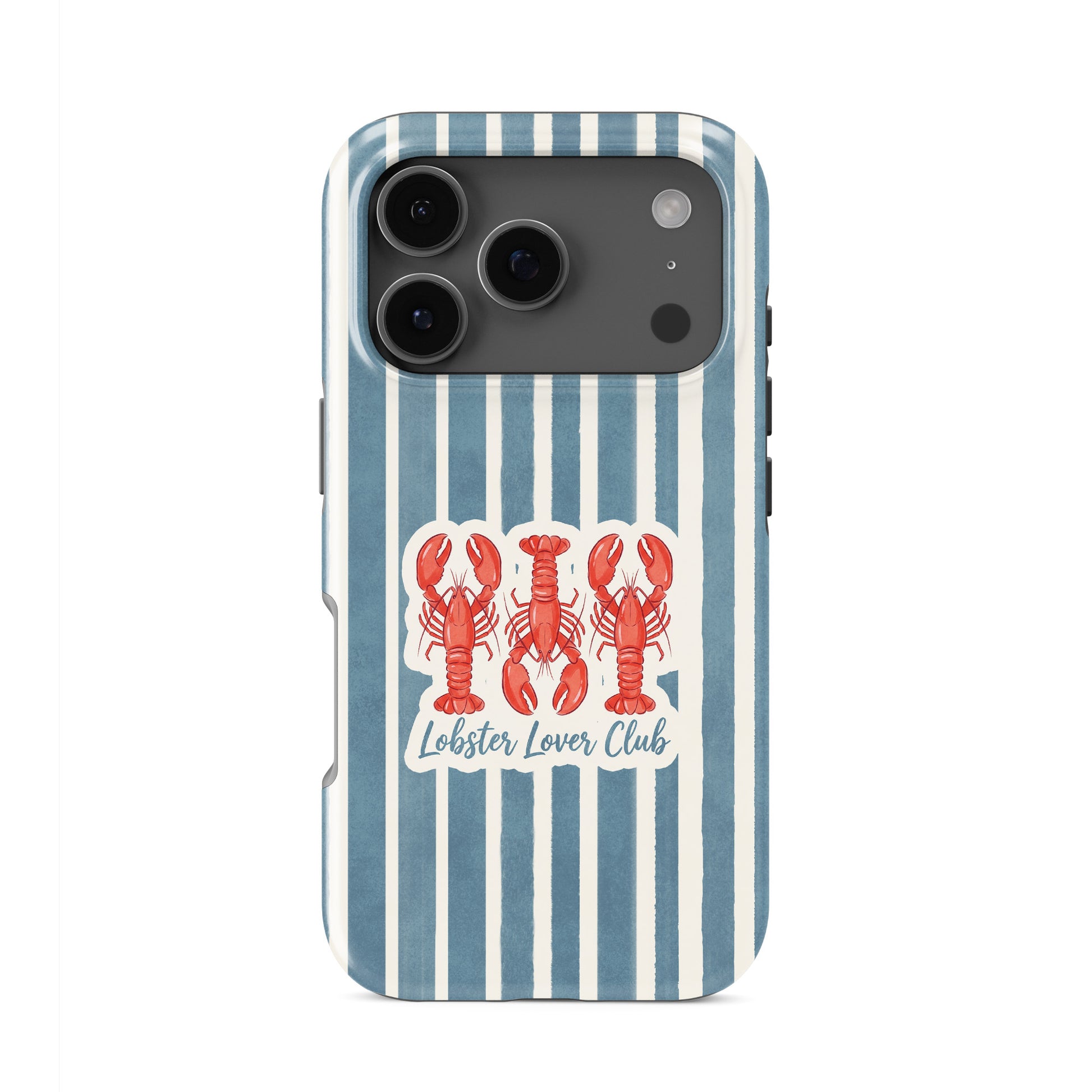 Lobster tough phone case with harbour blue stripes and red lobster illustration in the Lobster Lover Club design.