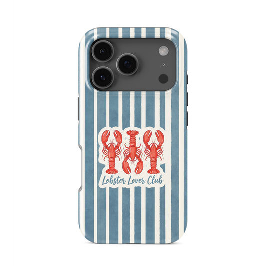 Lobster tough phone case with harbour blue stripes and red lobster illustration in the Lobster Lover Club design.