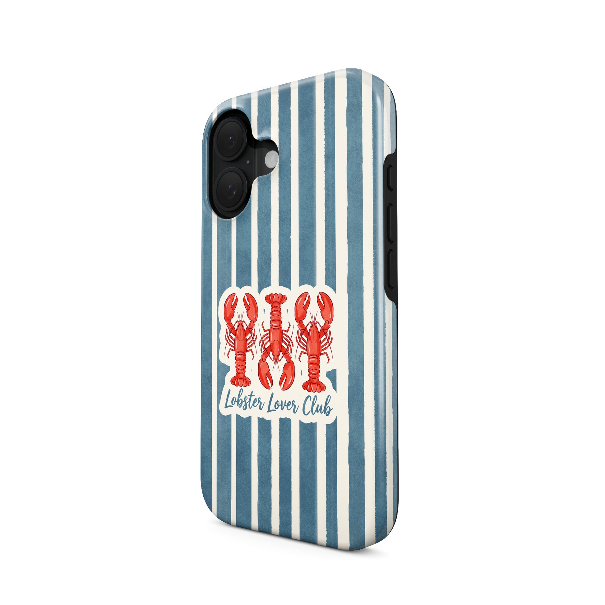 Lobster tough phone case with harbour blue stripes and red lobster illustration in the Lobster Lover Club design.