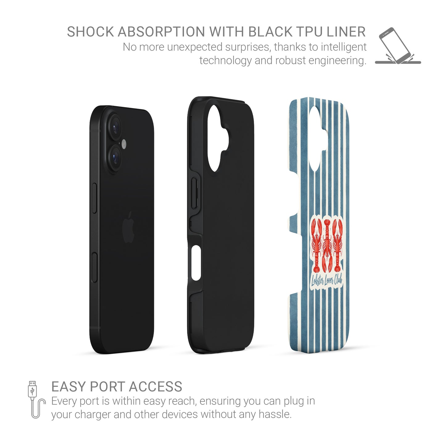 Lobster tough phone case with harbour blue stripes and red lobster illustration in the Lobster Lover Club design.