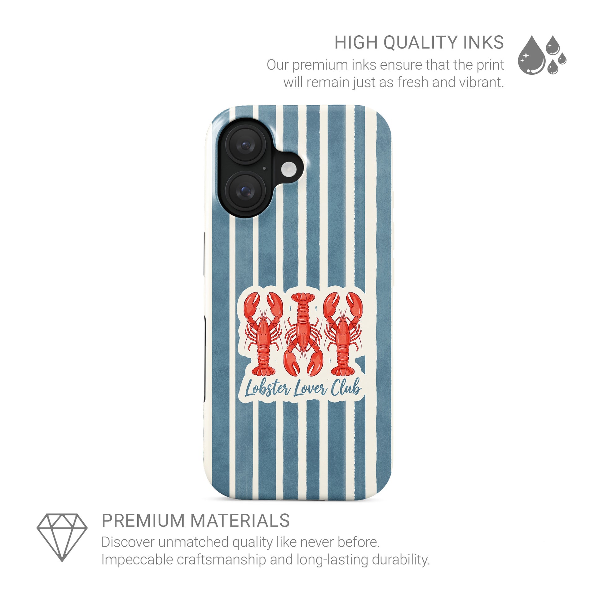 Lobster tough phone case with harbour blue stripes and red lobster illustration in the Lobster Lover Club design.