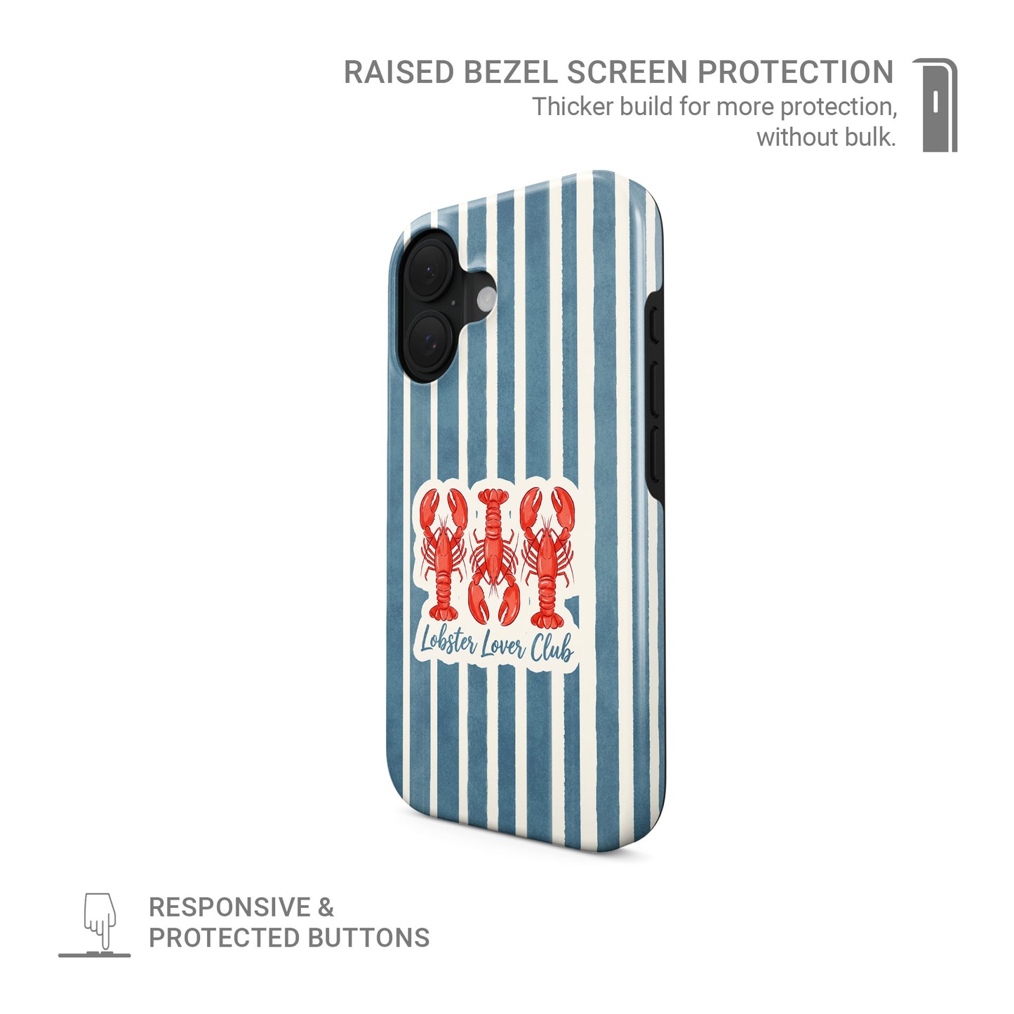 Lobster tough phone case with harbour blue stripes and red lobster illustration in the Lobster Lover Club design.