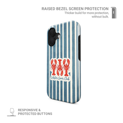 Lobster tough phone case with harbour blue stripes and red lobster illustration in the Lobster Lover Club design.