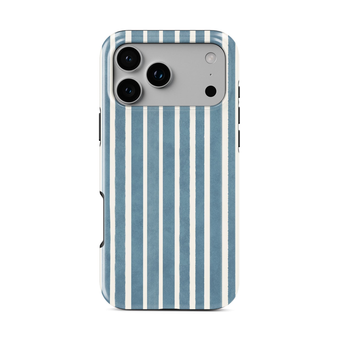 Blue and cream striped MagSafe tough phone case design with an all over vertical stripe pattern.