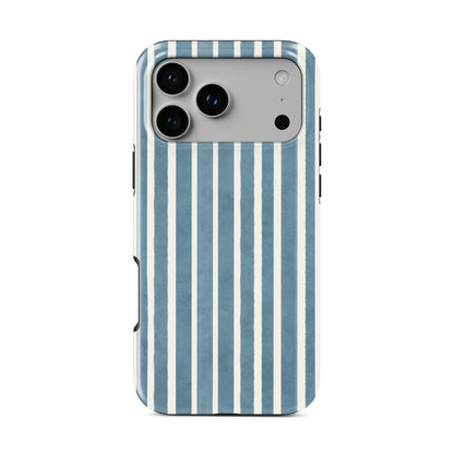 Blue and cream striped MagSafe tough phone case design with an all over vertical stripe pattern.