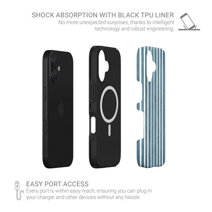 Blue and cream striped MagSafe tough phone case design with an all over vertical stripe pattern.