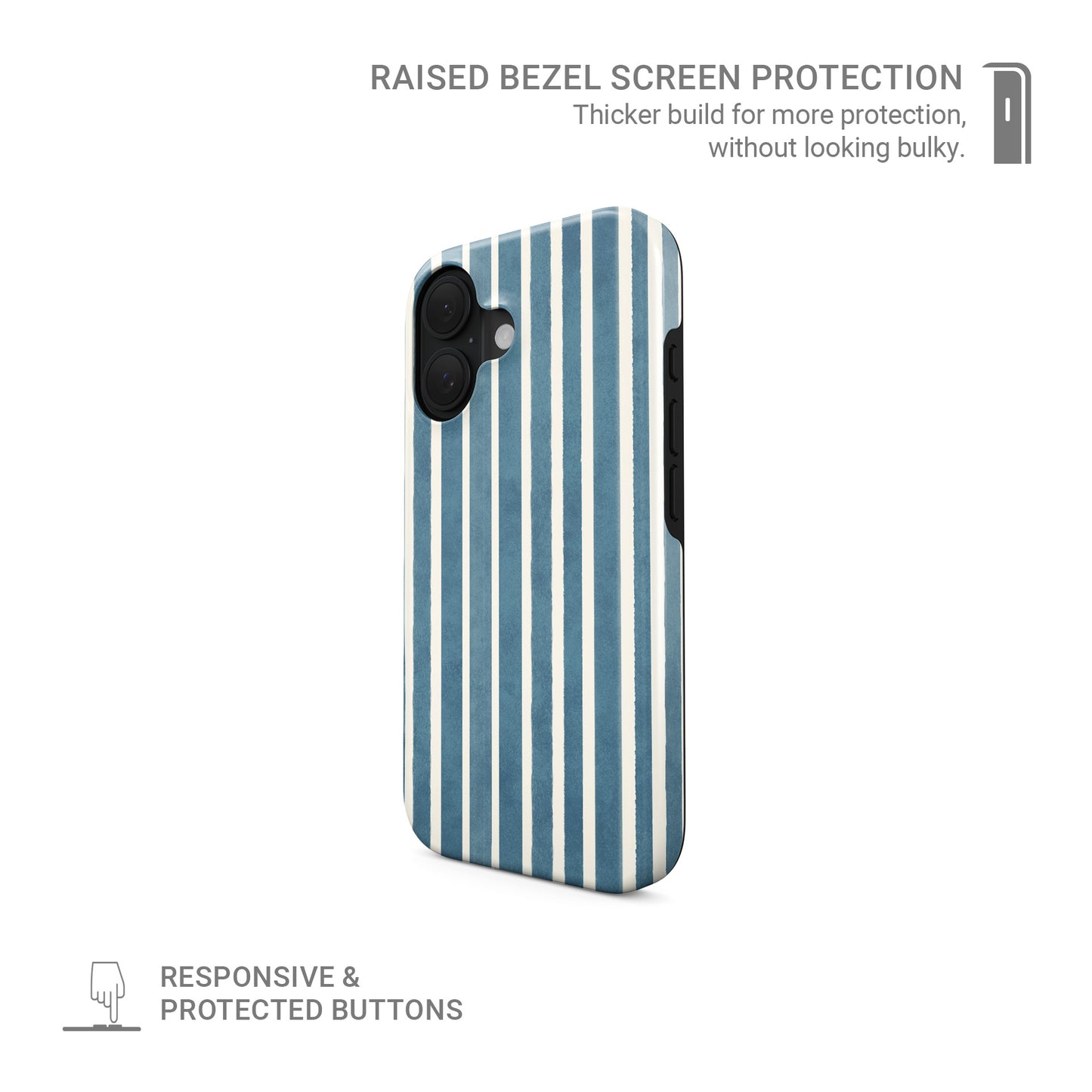 Blue and cream striped MagSafe tough phone case design with an all over vertical stripe pattern.