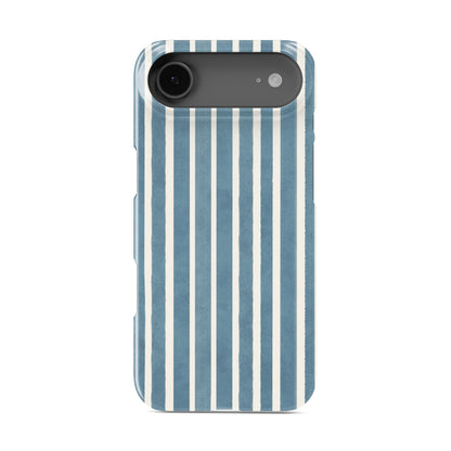 Harbour Blue Stripes Snap Phone Case with soft blue and cream vertical stripe print on a slim glossy phone case by Case & Charm.