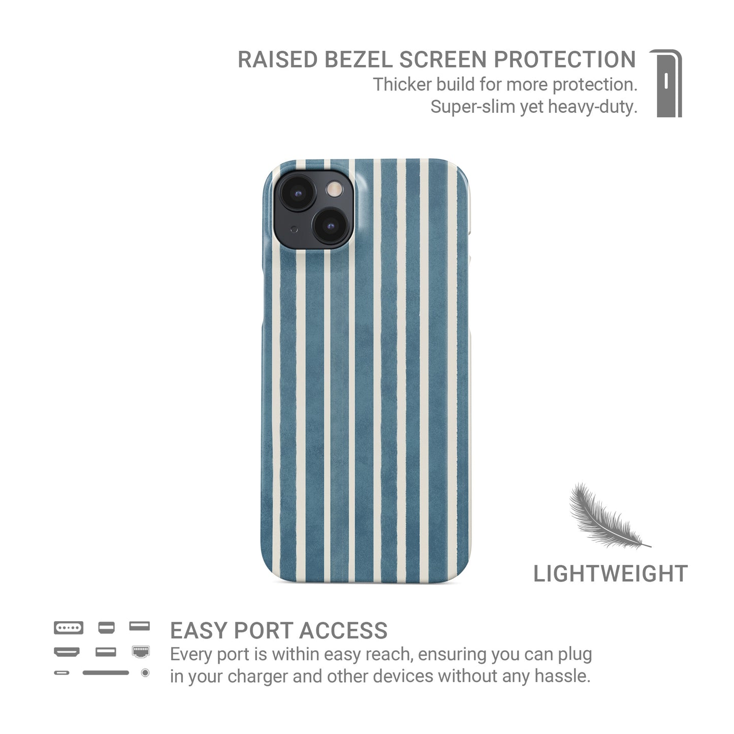 Harbour Blue Stripes Snap Phone Case with soft blue and cream vertical stripe print on a slim glossy phone case by Case & Charm.