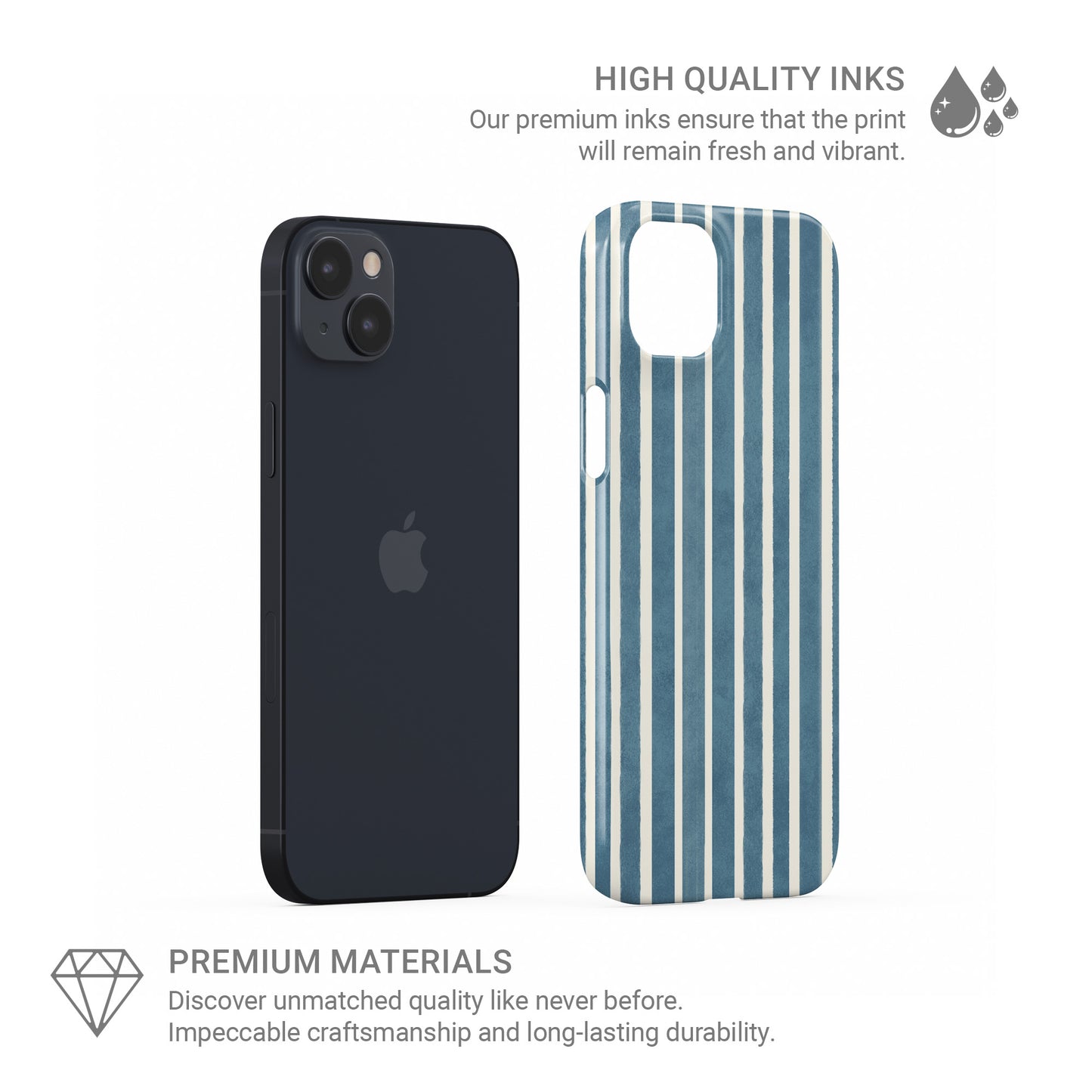 Harbour Blue Stripes Snap Phone Case with soft blue and cream vertical stripe print on a slim glossy phone case by Case & Charm.