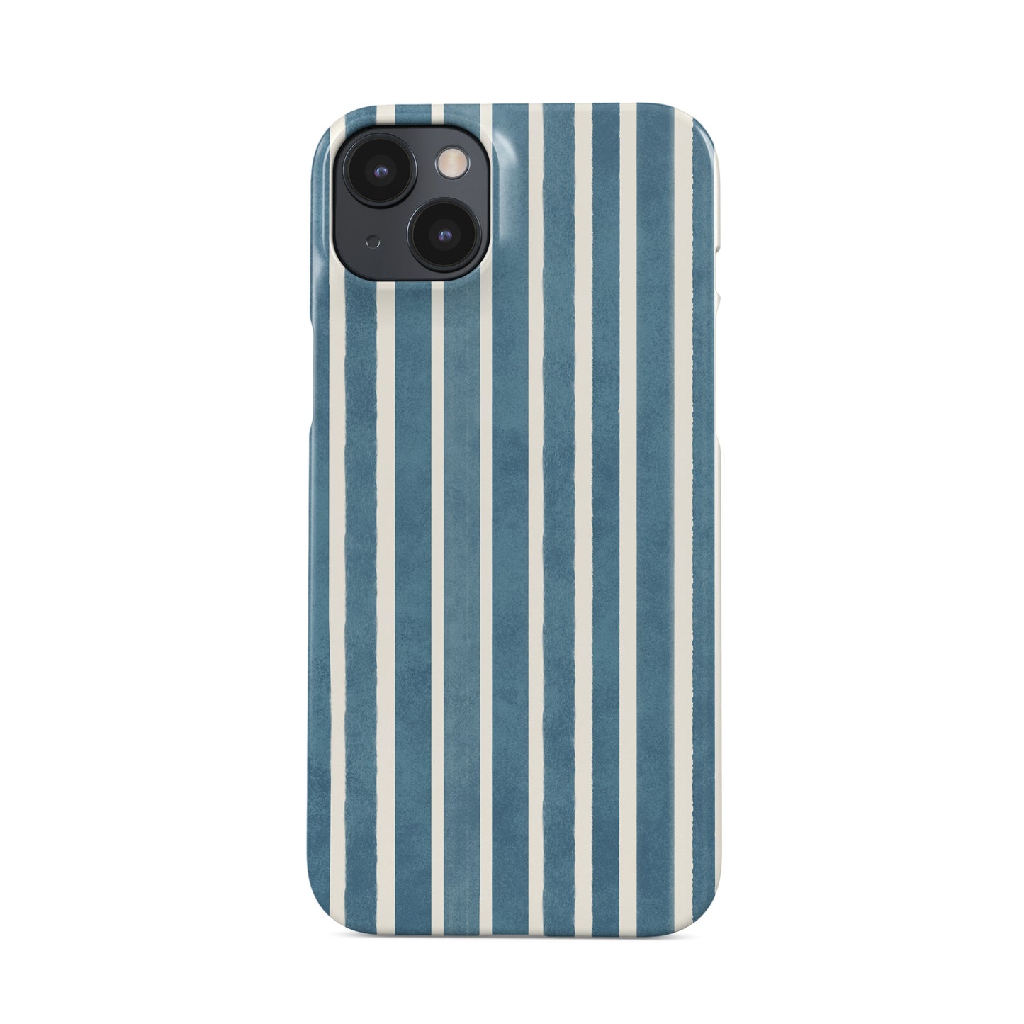 Harbour Blue Stripes Snap Phone Case with soft blue and cream vertical stripe print on a slim glossy phone case by Case & Charm.