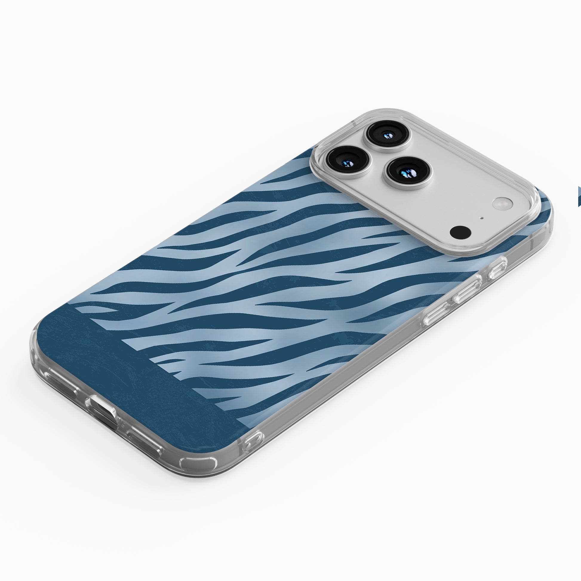 Skylark Canter TPU Clear Case with deep blue zebra stripes on powder blue from the Wild Atelier collection.
