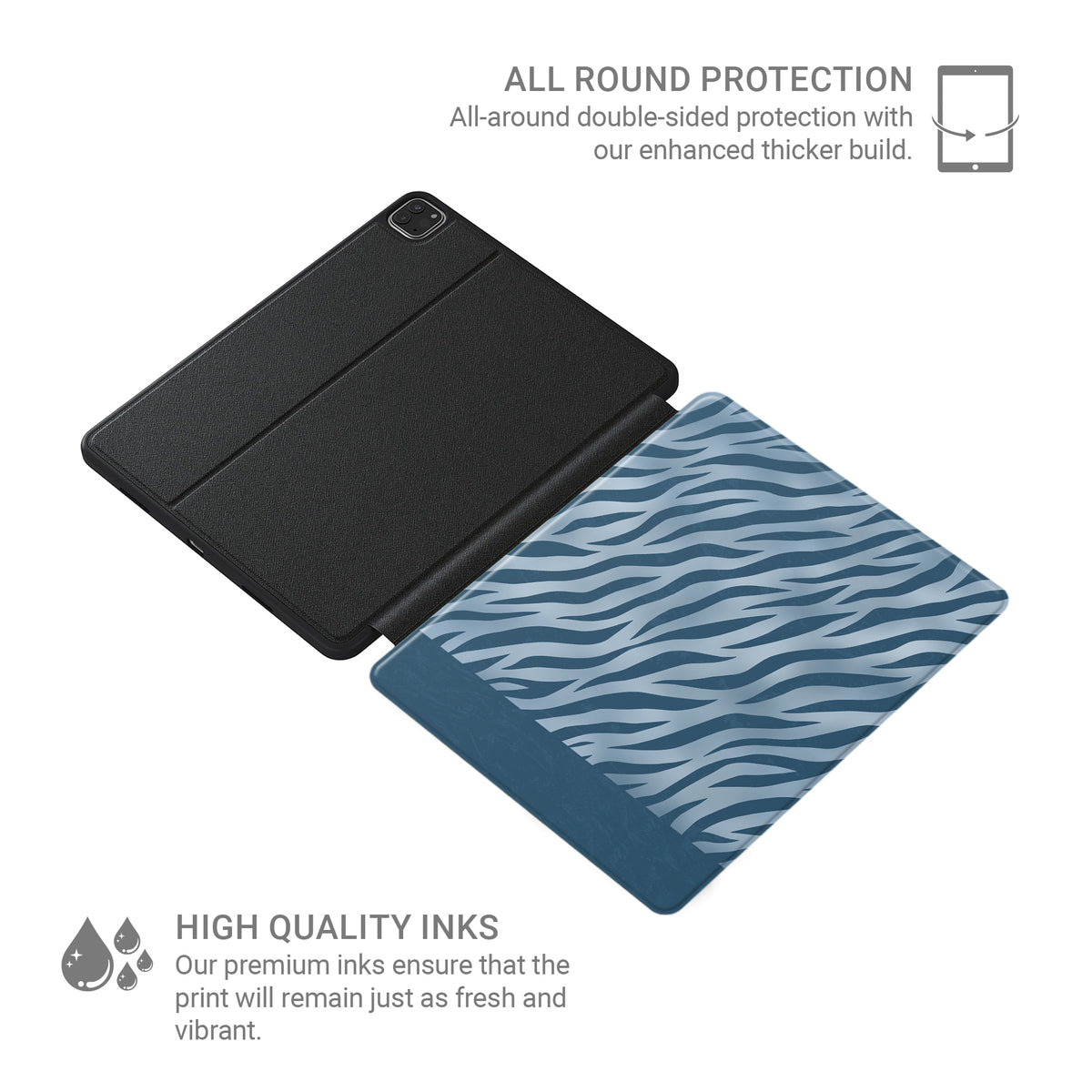 Skylark Canter iPad Folio Case with deep blue zebra stripes on powder blue from the Wild Atelier collection.