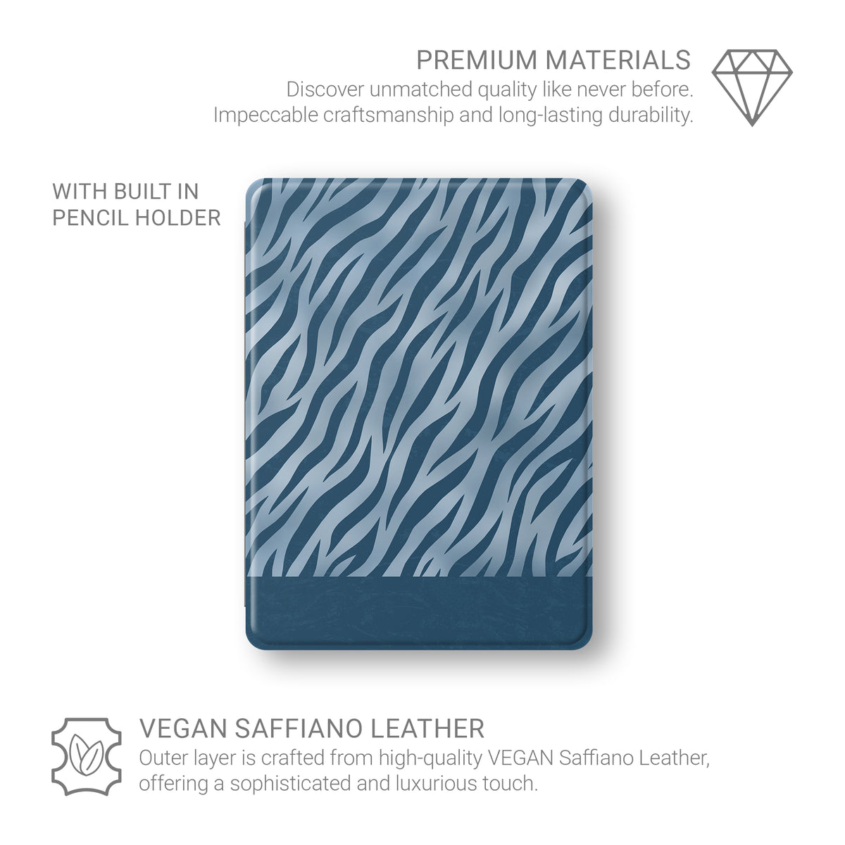 Skylark Canter iPad Folio Case with deep blue zebra stripes on powder blue from the Wild Atelier collection.