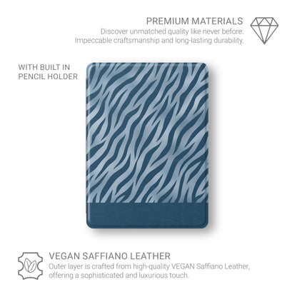 Skylark Canter iPad Folio Case with deep blue zebra stripes on powder blue from the Wild Atelier collection.