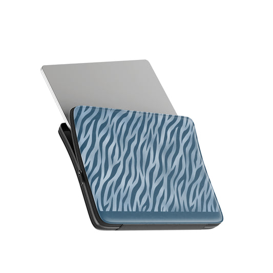 Skylark Canter Laptop Sleeve with deep blue zebra stripes on powder blue from the Wild Atelier collection.