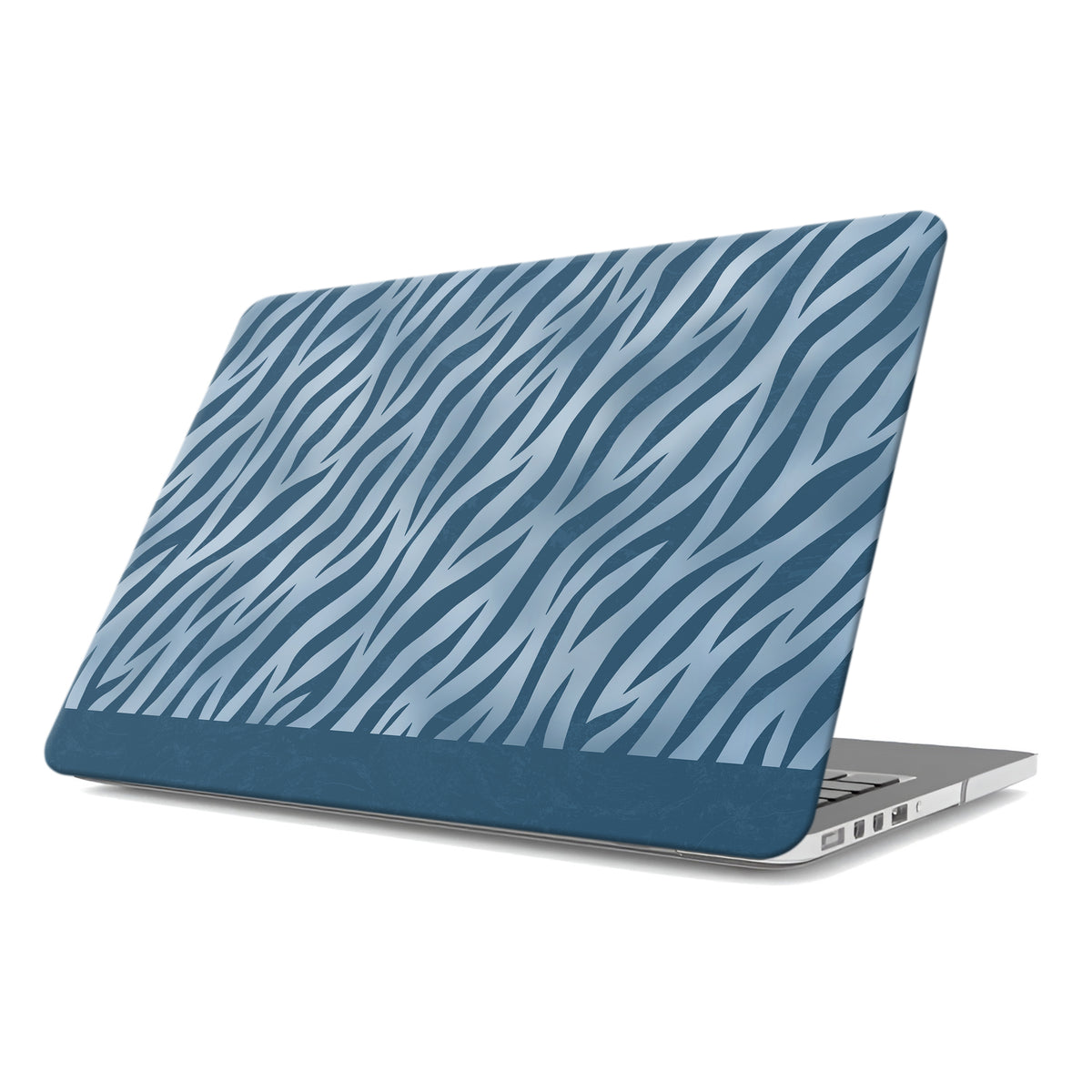 Skylark Canter MacBook Case with deep blue zebra stripes on powder blue from the Wild Atelier collection.