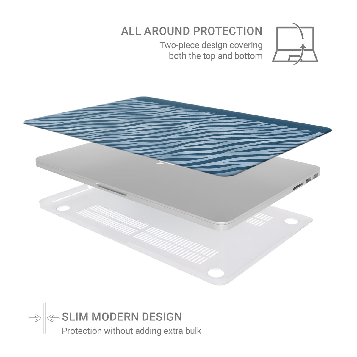 Skylark Canter MacBook Case with deep blue zebra stripes on powder blue from the Wild Atelier collection.