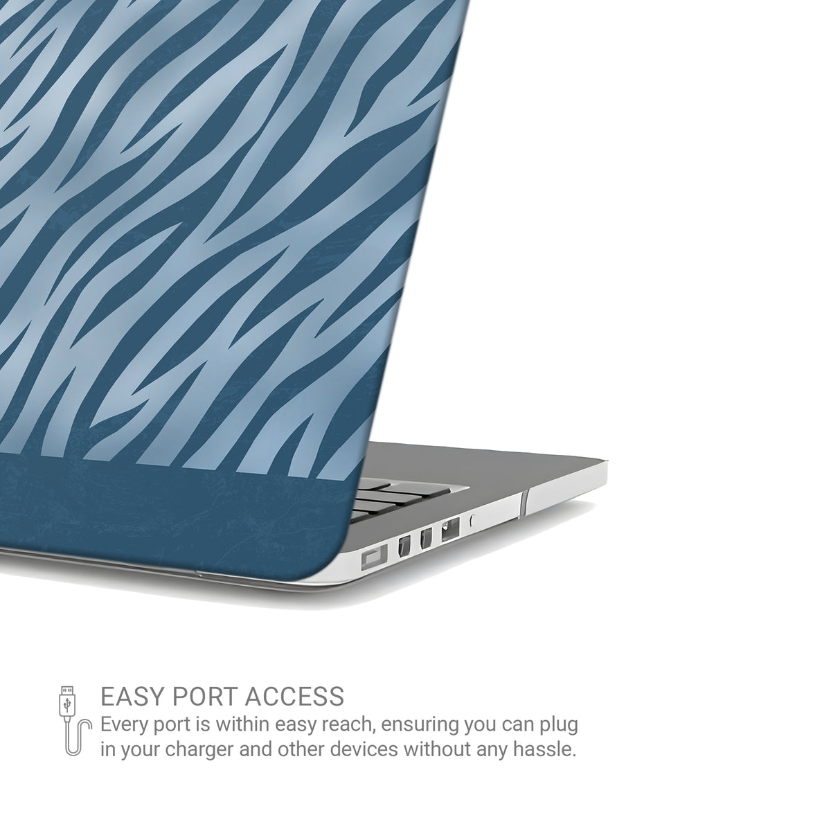 Skylark Canter MacBook Case with deep blue zebra stripes on powder blue from the Wild Atelier collection.