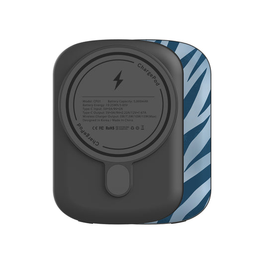 Skylark Canter Power Bank with deep blue zebra stripes on powder blue from the Wild Atelier collection.