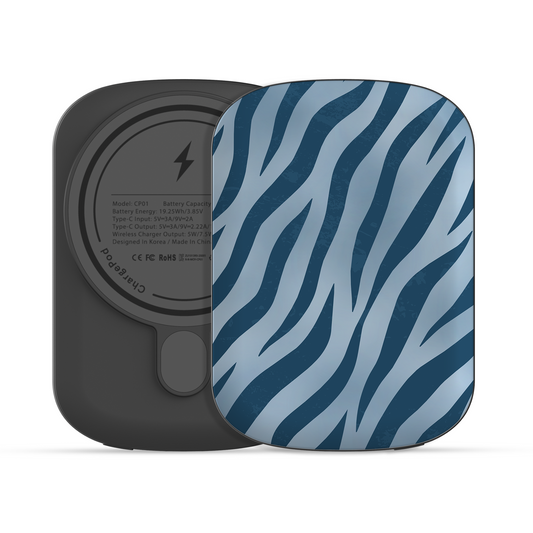 Skylark Canter Power Bank with deep blue zebra stripes on powder blue from the Wild Atelier collection.