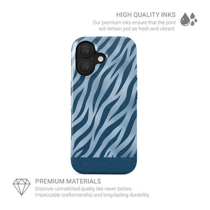 Skylark Canter MagSafe Tough Phone Case with deep blue zebra stripes on powder blue from the Wild Atelier collection.
