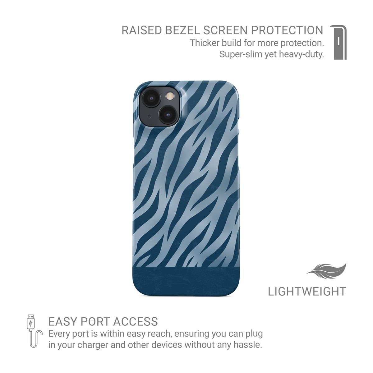 Skylark Canter Snap Phone Case with deep blue zebra stripes on powder blue from the Wild Atelier collection.
