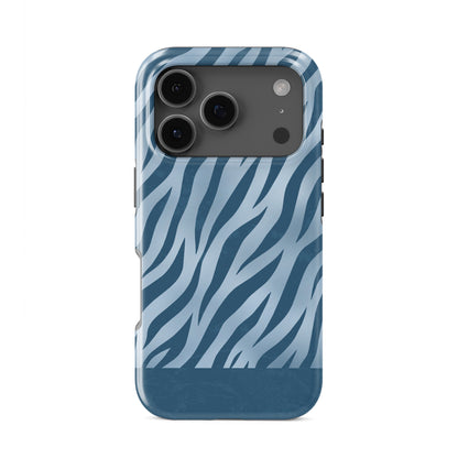 Skylark Canter Tough Phone Case with deep blue zebra stripes on powder blue from the Wild Atelier collection.
