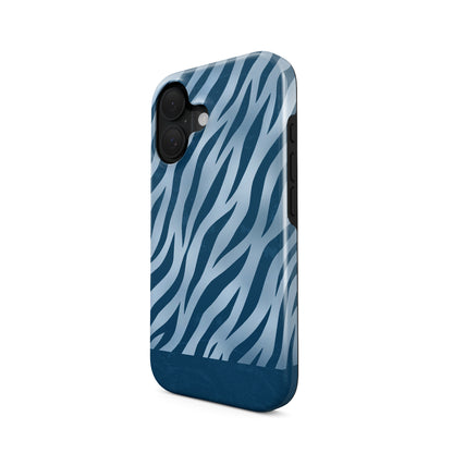 Skylark Canter Tough Phone Case with deep blue zebra stripes on powder blue from the Wild Atelier collection.
