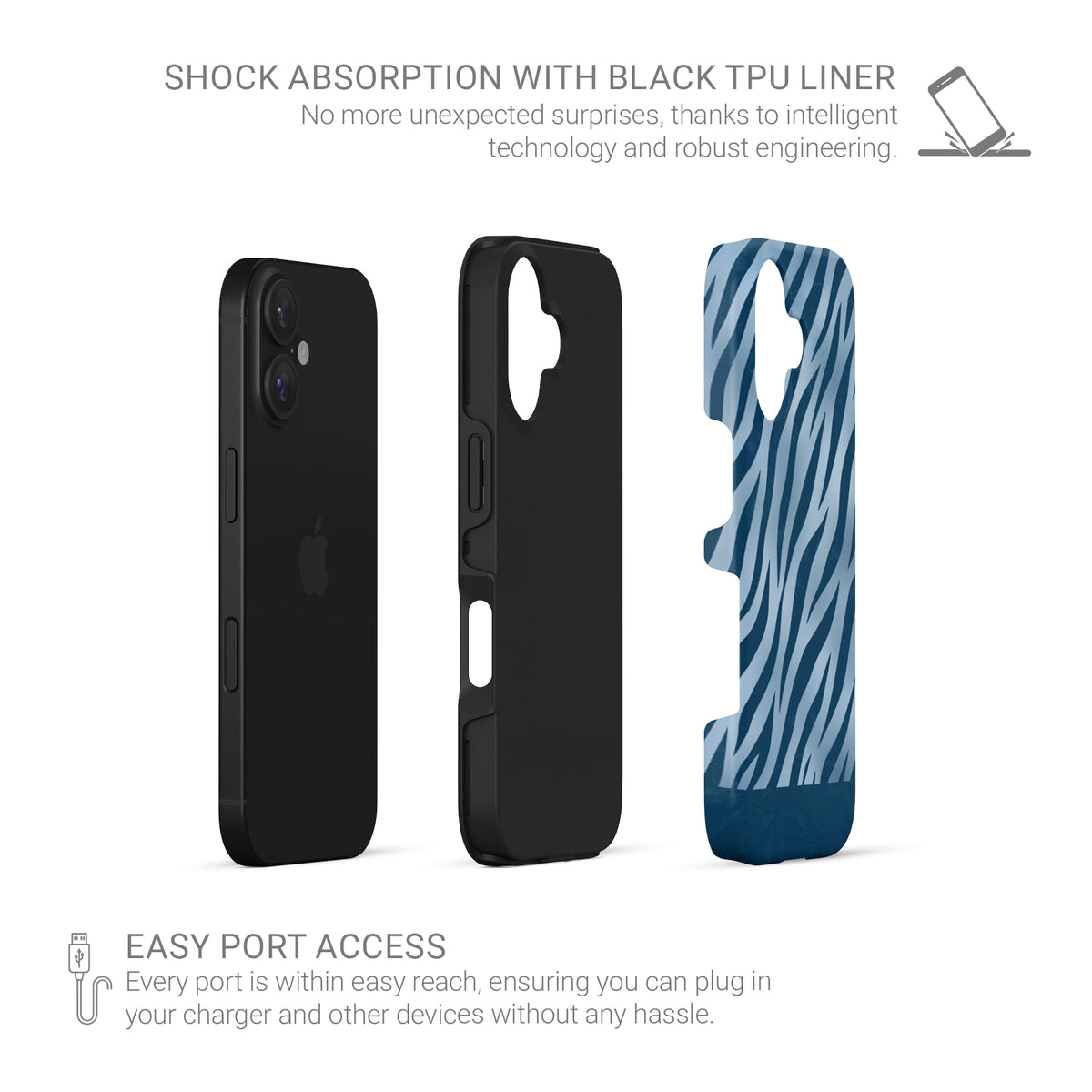 Skylark Canter Tough Phone Case with deep blue zebra stripes on powder blue from the Wild Atelier collection.
