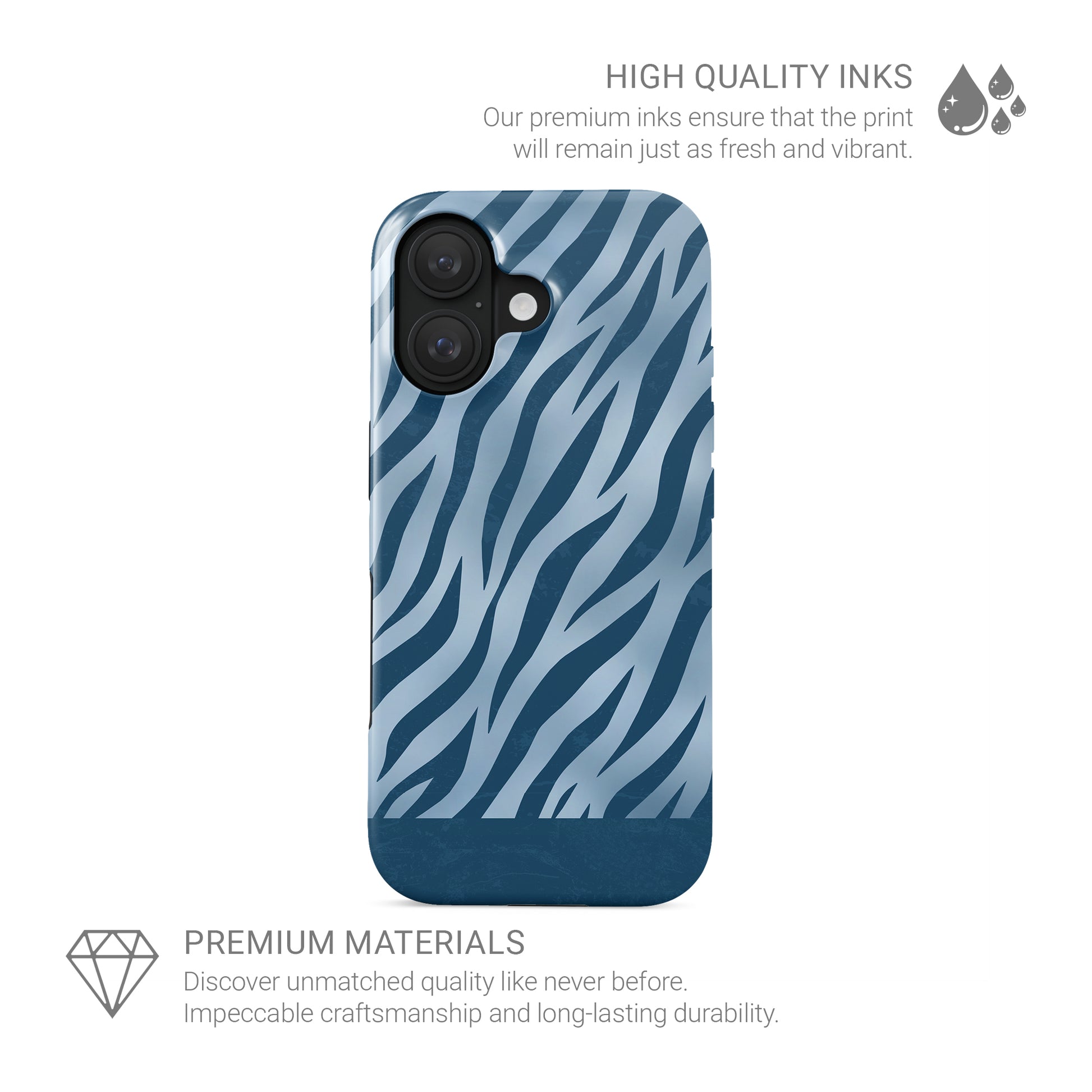 Skylark Canter Tough Phone Case with deep blue zebra stripes on powder blue from the Wild Atelier collection.
