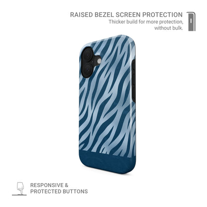 Skylark Canter Tough Phone Case with deep blue zebra stripes on powder blue from the Wild Atelier collection.
