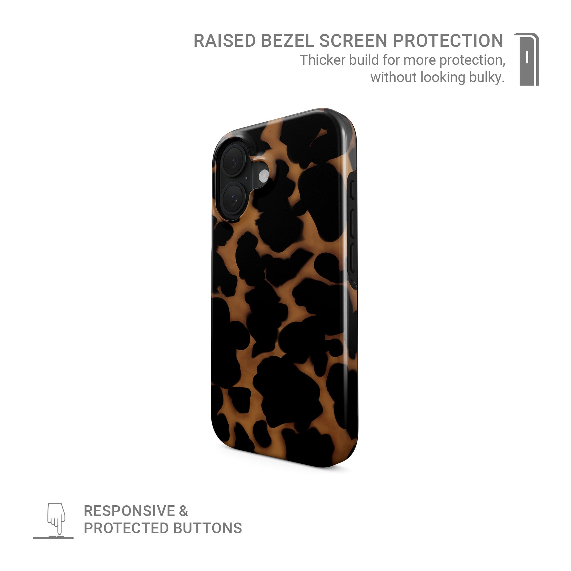 Bronzed Ember MagSafe tough phone case with bronze marble tortoise shell pattern, dual layer build, and magnetic charging compatibility.