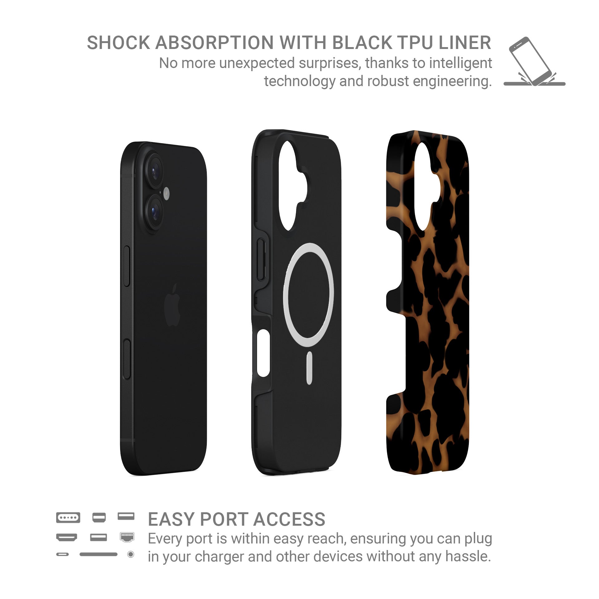 Bronzed Ember MagSafe tough phone case with bronze marble tortoise shell pattern, dual layer build, and magnetic charging compatibility.
