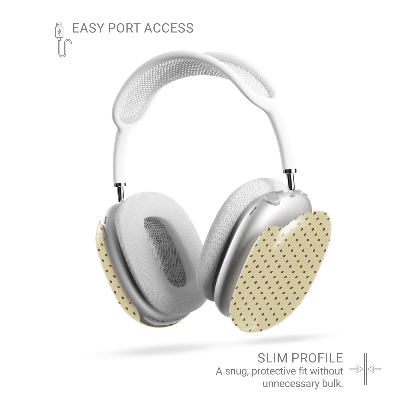 Vanilla Truffle AirPods Max Covers featuring oversized creamy vanilla polka dots on a rich cocoa-brown background.