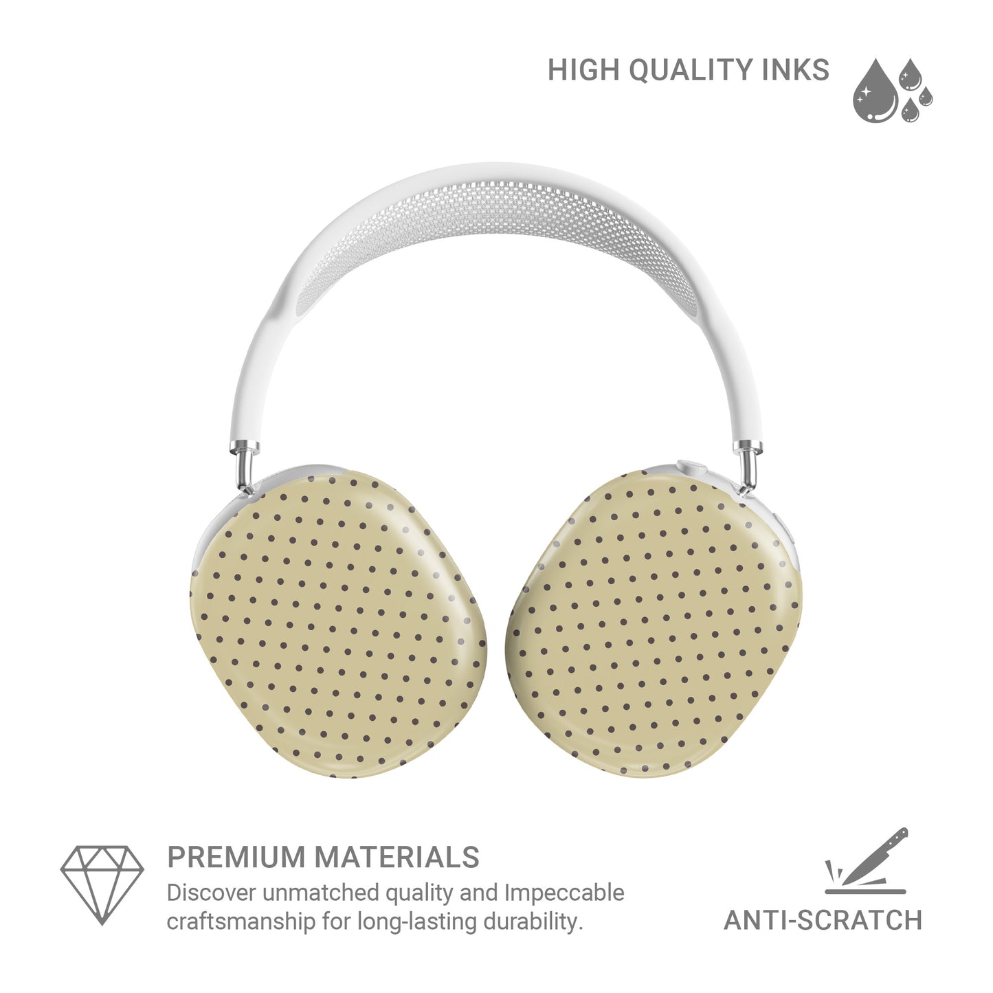 Vanilla Truffle AirPods Max Covers featuring oversized creamy vanilla polka dots on a rich cocoa-brown background.