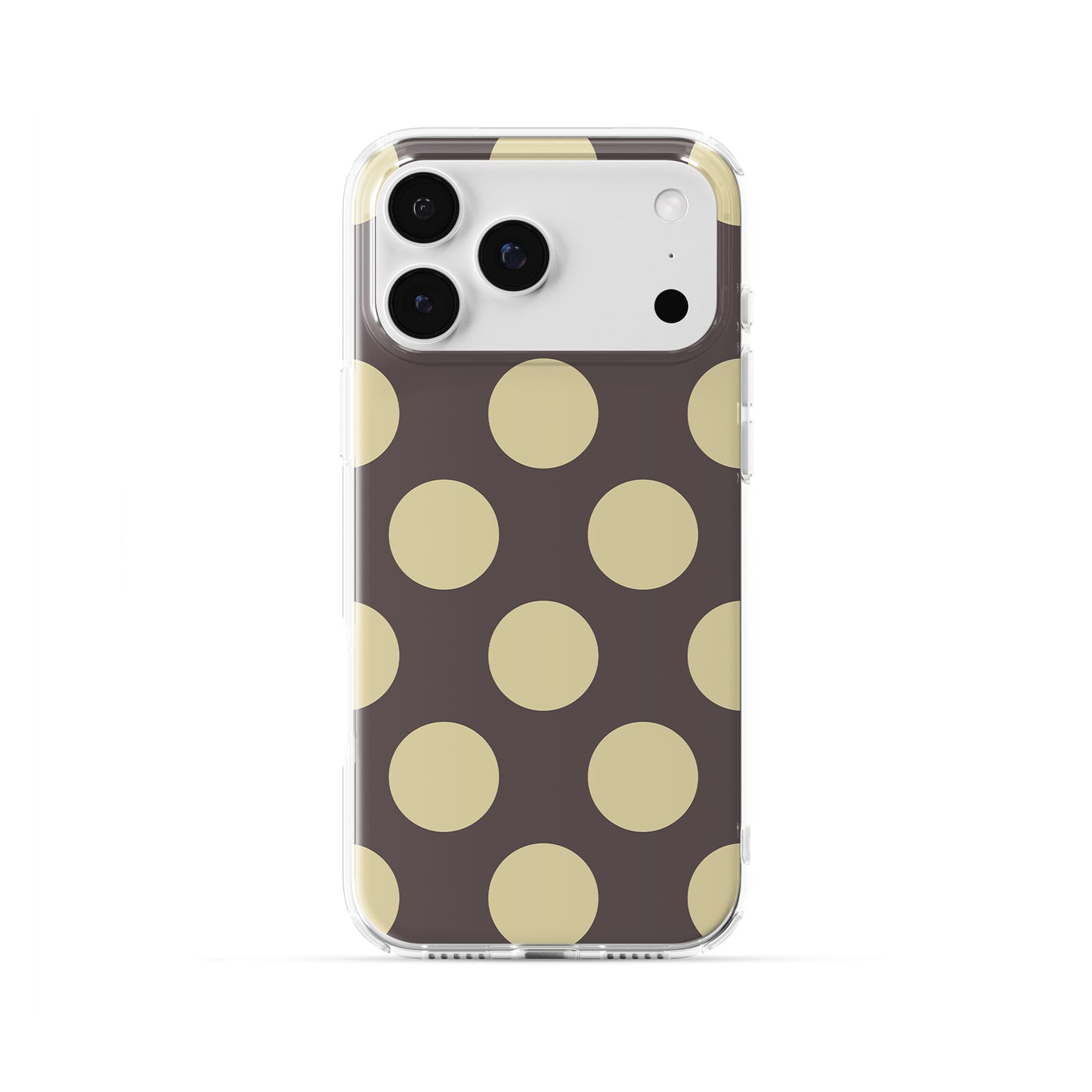 Vanilla Truffle Clear TPU Phone Case featuring oversized creamy vanilla polka dots on a rich cocoa-brown background.