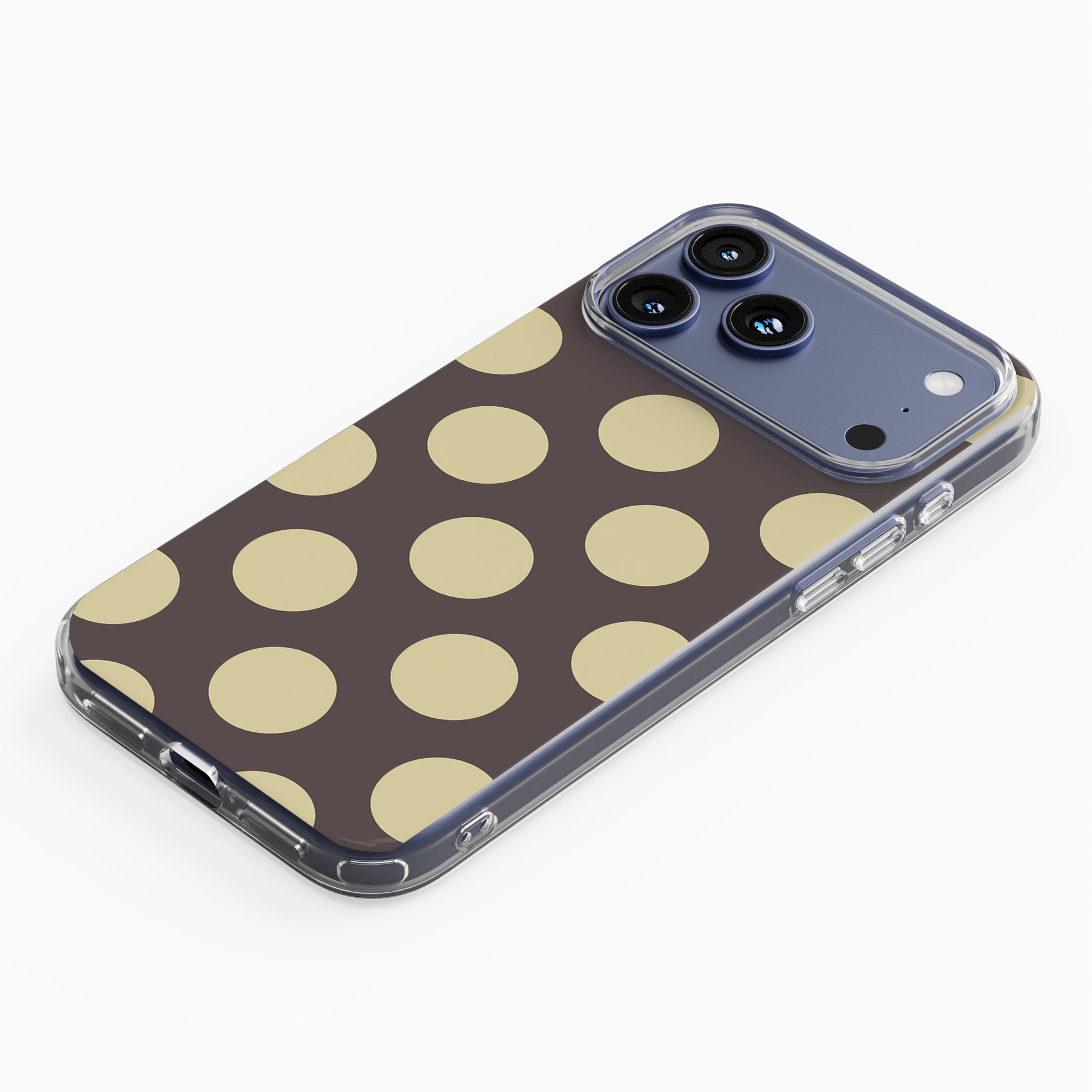 Vanilla Truffle Clear TPU Phone Case featuring oversized creamy vanilla polka dots on a rich cocoa-brown background.