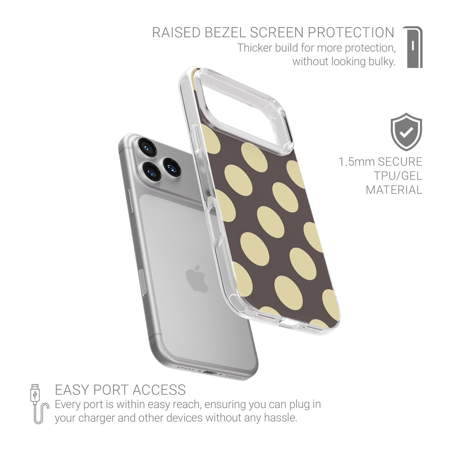 Vanilla Truffle Clear TPU Phone Case featuring oversized creamy vanilla polka dots on a rich cocoa-brown background.