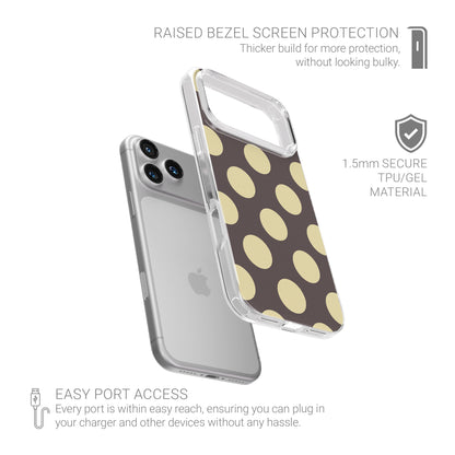 Vanilla Truffle Clear TPU Phone Case featuring oversized creamy vanilla polka dots on a rich cocoa-brown background.