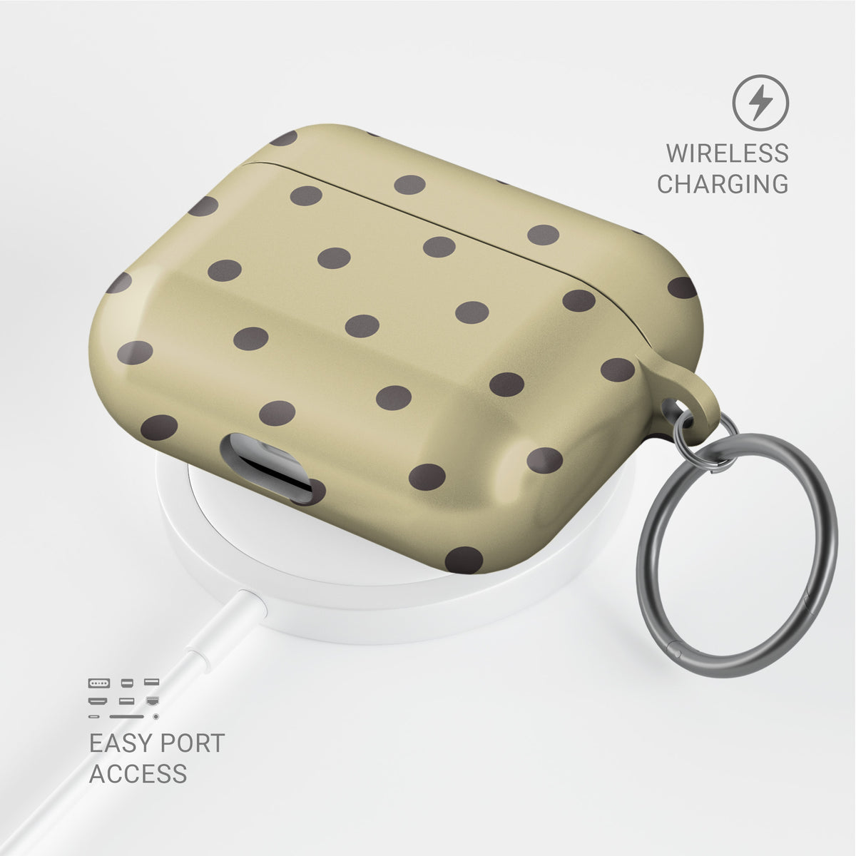 Cocoa Drops AirPods Case featuring small, evenly spaced cocoa-brown polka dots on a creamy vanilla background.