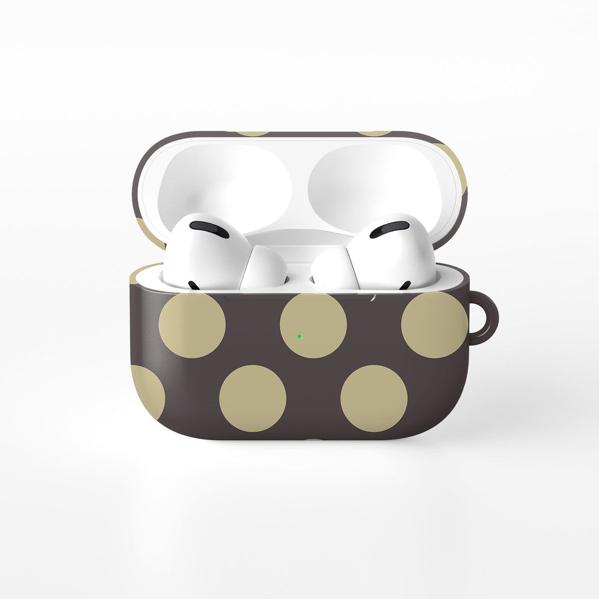 Vanilla Truffle AirPods Case featuring oversized creamy vanilla polka dots on a rich cocoa-brown background.
