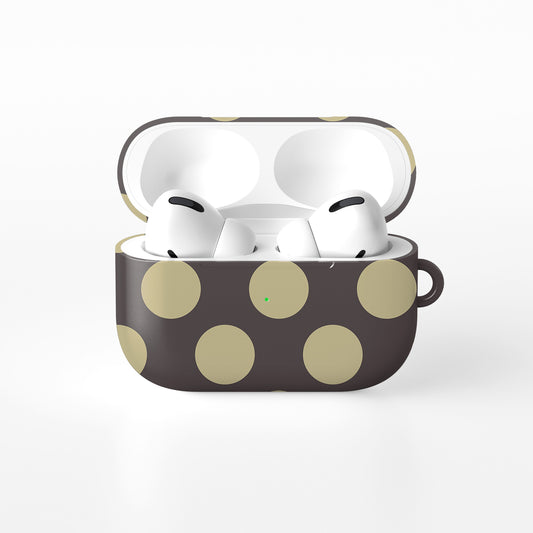 Vanilla Truffle AirPods Case featuring oversized creamy vanilla polka dots on a rich cocoa-brown background.