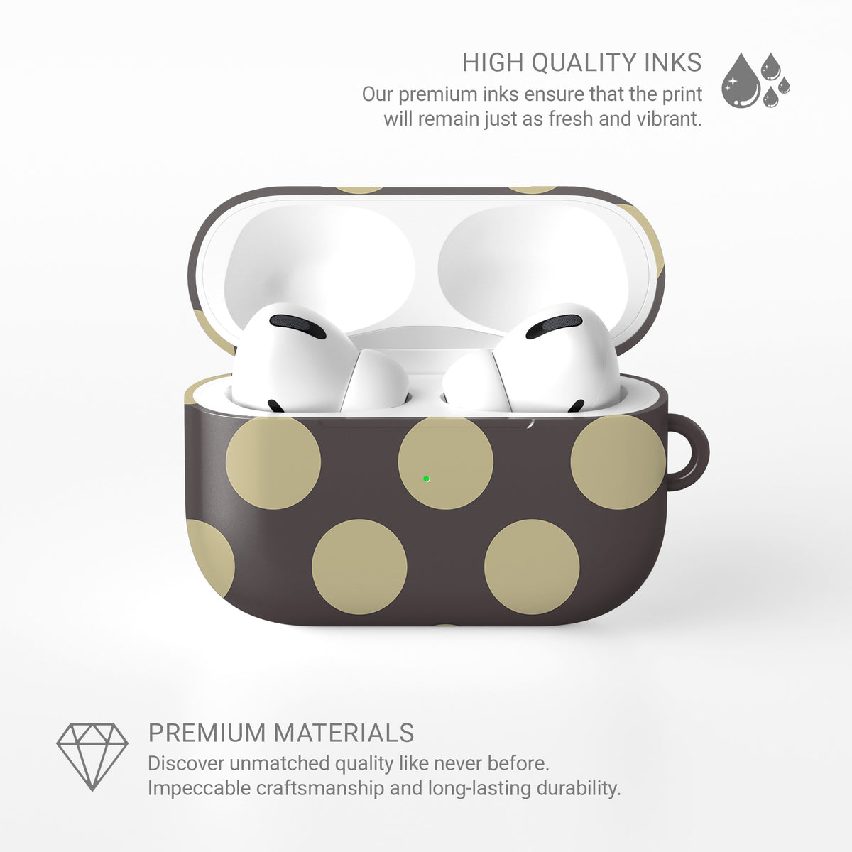 Vanilla Truffle AirPods Case featuring oversized creamy vanilla polka dots on a rich cocoa-brown background.