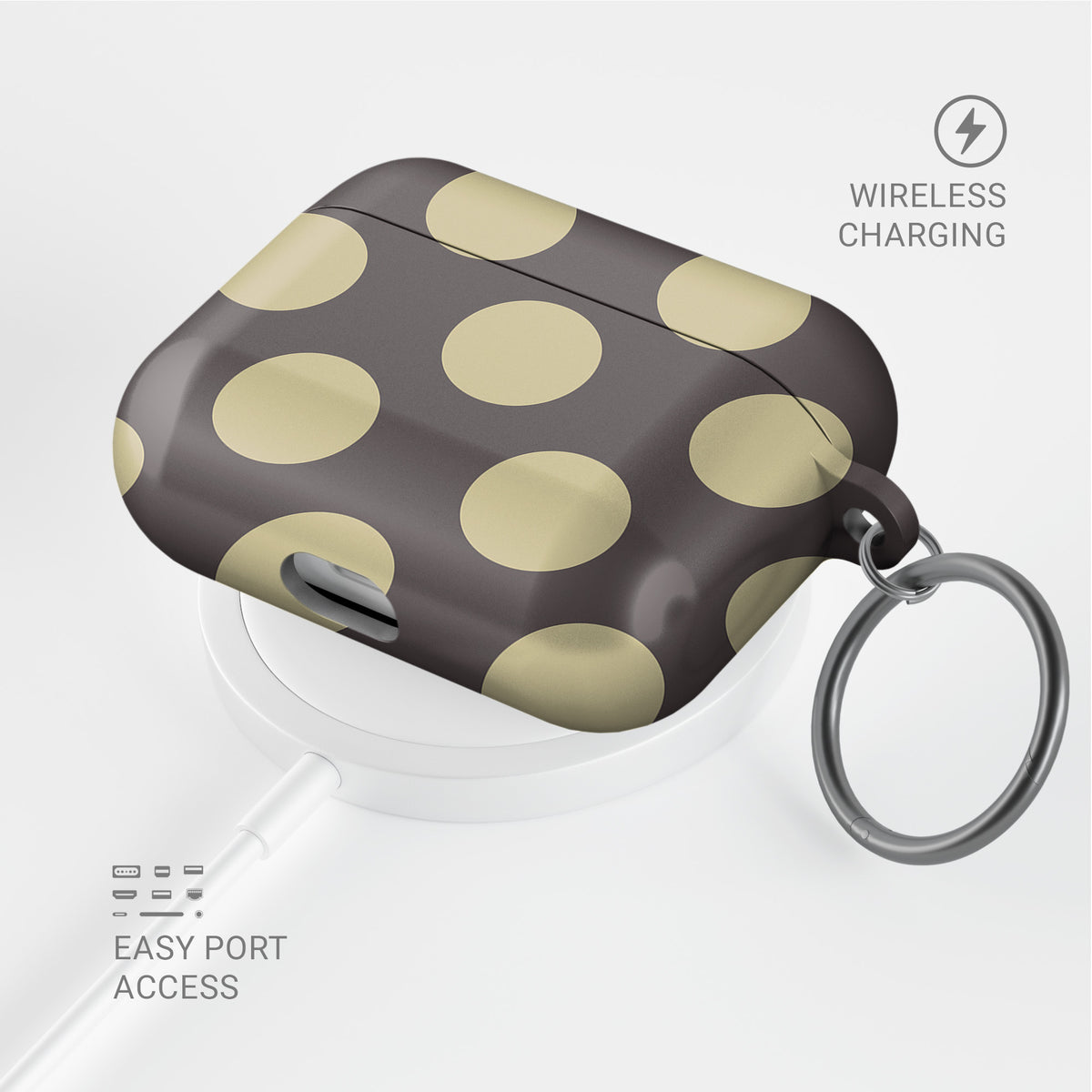 Vanilla Truffle AirPods Case featuring oversized creamy vanilla polka dots on a rich cocoa-brown background.