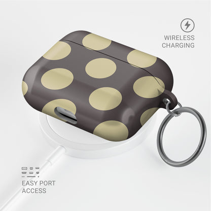Vanilla Truffle AirPods Case featuring oversized creamy vanilla polka dots on a rich cocoa-brown background.