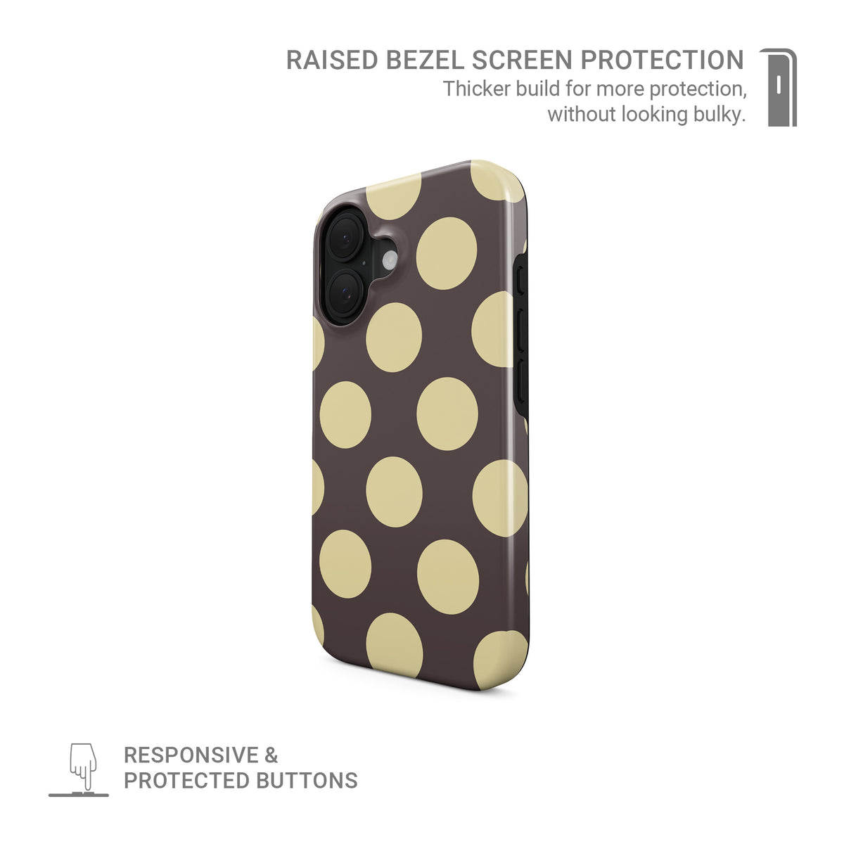 Vanilla Truffle MagSafe Tough Case featuring oversized creamy vanilla polka dots on a rich cocoa-brown background.