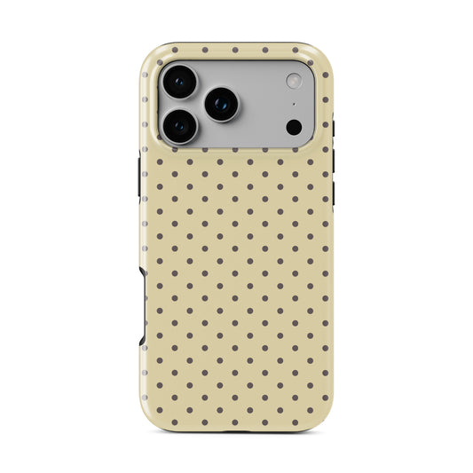 Cocoa Drops MagSafe Tough Case featuring small, evenly spaced cocoa-brown polka dots on a creamy vanilla background.